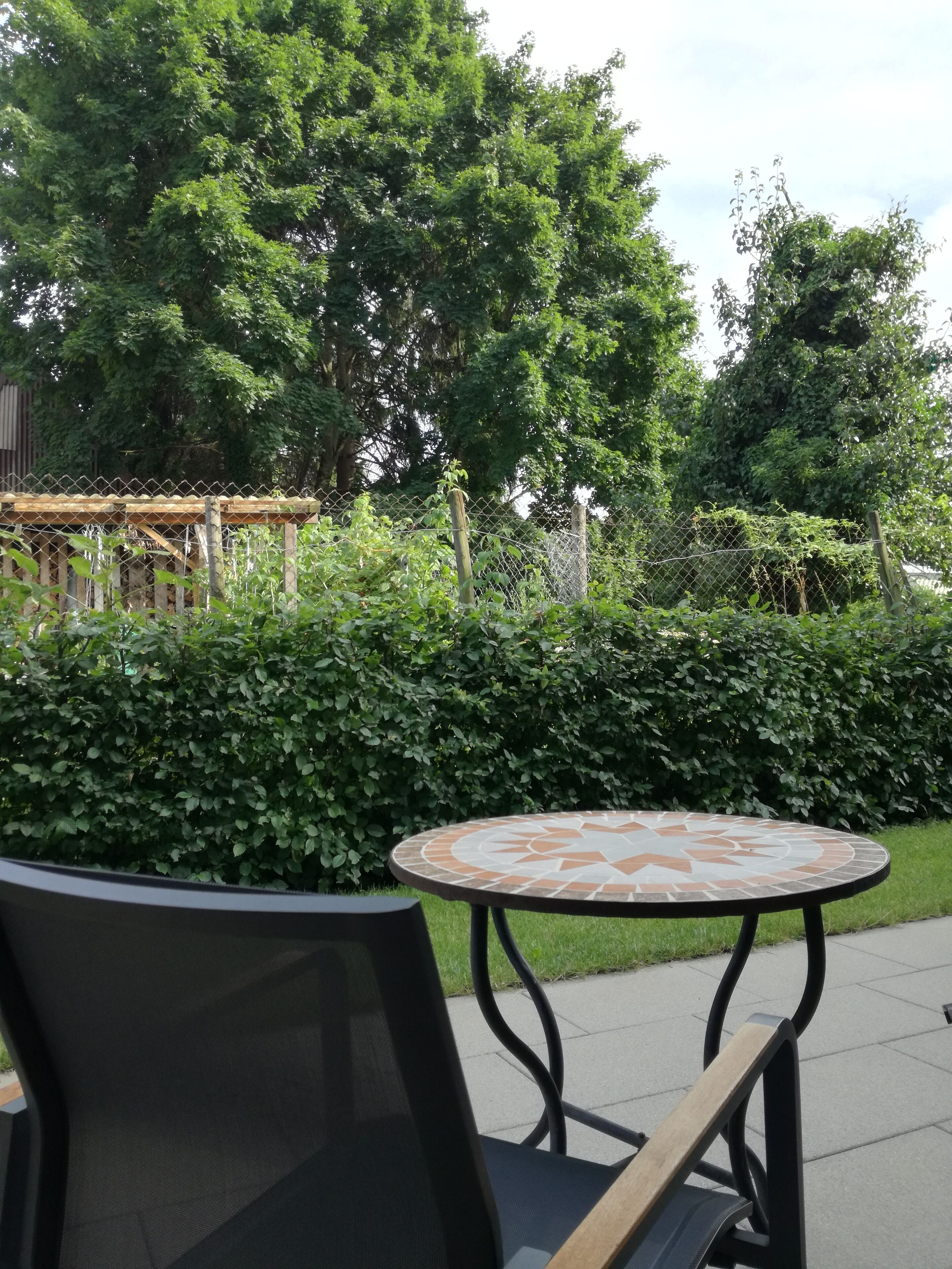Una mesa redonda al aire libre con diseño de mosaico, rodeada por una cerca de metal y abundante vegetación.