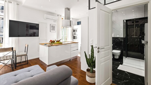 Un appartement moderne comprenant un salon, une cuisine et une salle de bain.