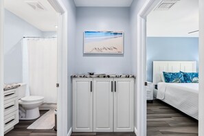 Combined shower/bathtub, hair dryer, towels, toilet paper