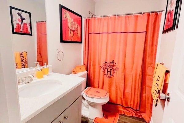 Tina con regadera, secadora de cabello, toallas, jabón