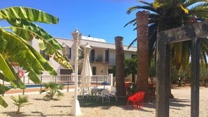 Un patio con piscina, palmeras y mobiliario exterior.