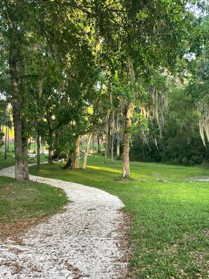 Un sentier de gravier qui serpente à travers un parc, bordé d’arbres et de pelouses.