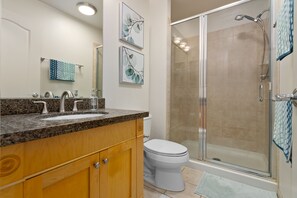 Combined shower/bathtub, hair dryer, towels, soap