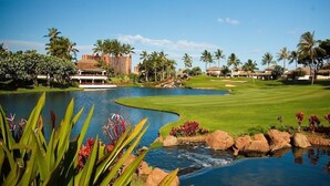 A golf course with a pond, palm trees, and a building in the background.