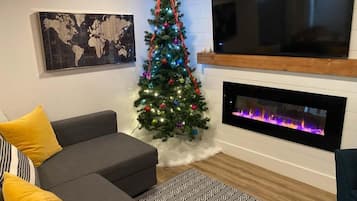 TV, fireplace, books, offices