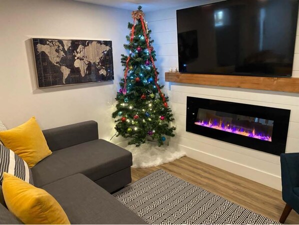 TV, fireplace, books, offices