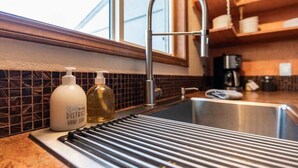 A kitchen with a stainless steel sink, a soap dispenser, and a bottle of hand soap. - #StayInMyDistrict Eclectic Boise Townhouse near St. Als (Boise)