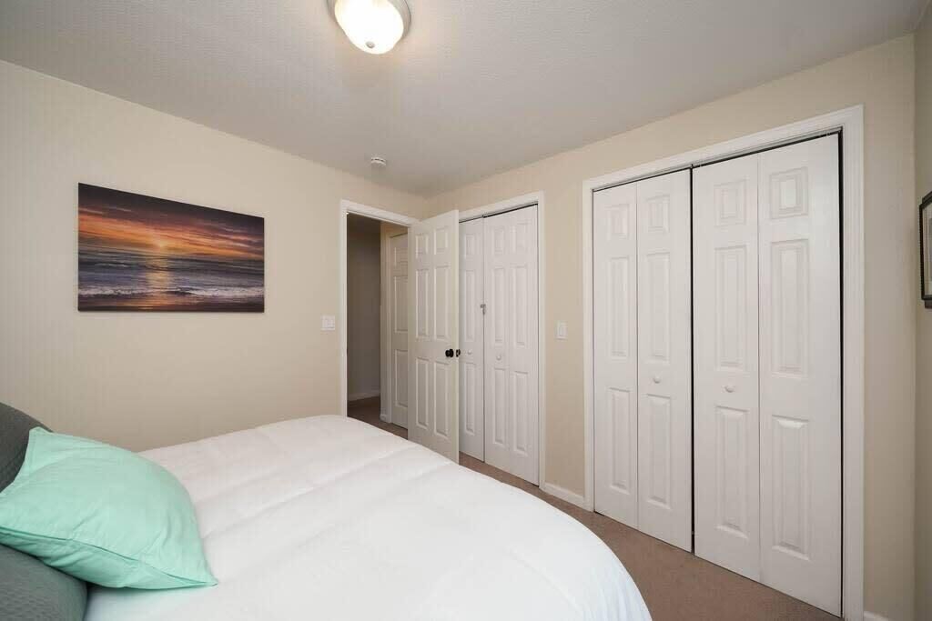 A bedroom with a bed, a teal pillow, a sunset painting, and white closets.