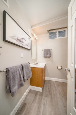 Shower, hair dryer, towels