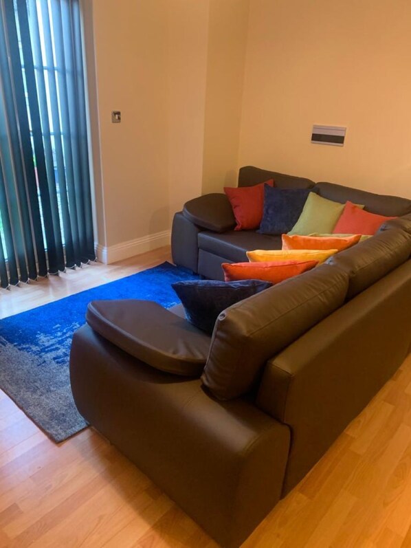 A modern living room with a dark brown sofa, a blue rug, and a large window with vertical blinds.