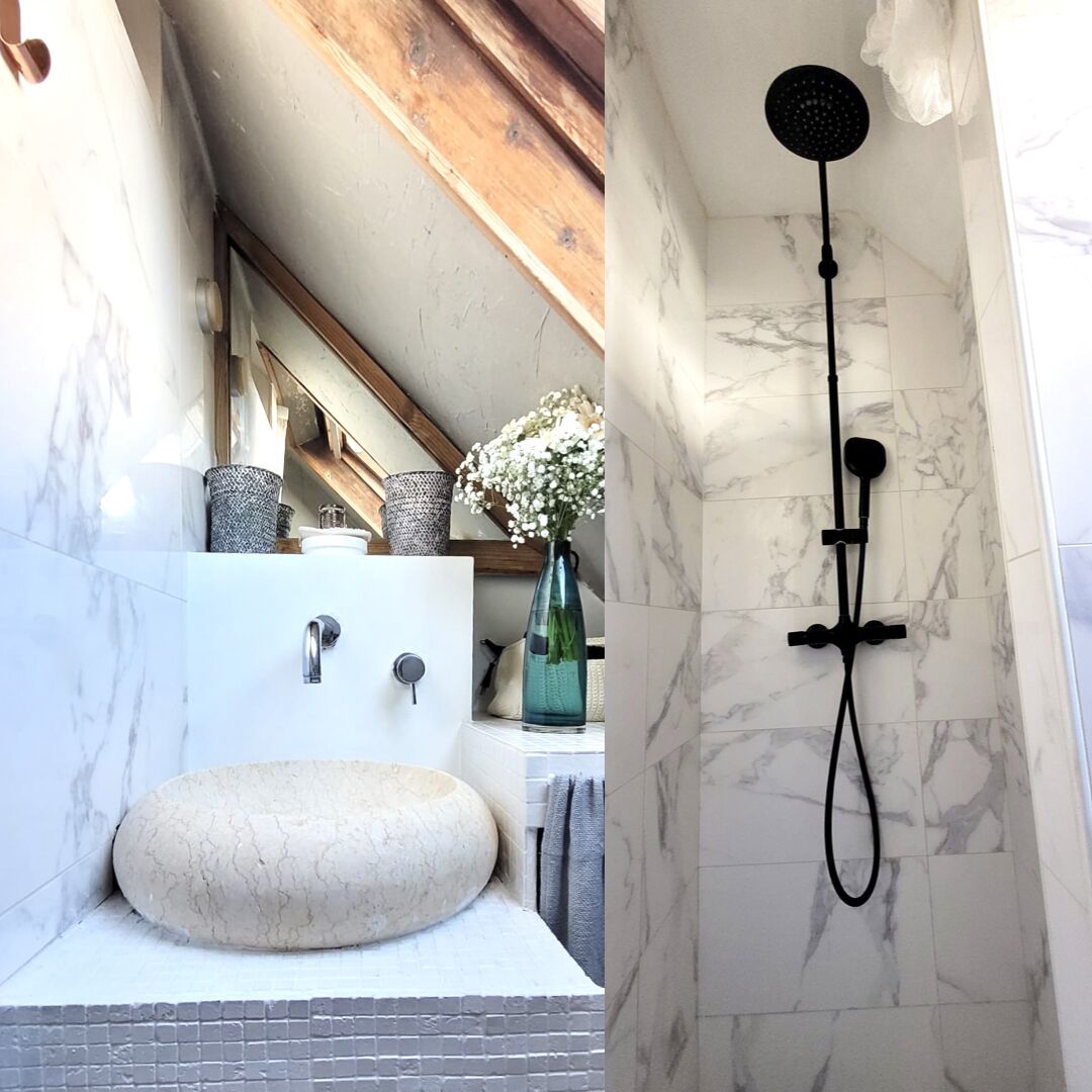 Shower, hair dryer, towels, toilet paper