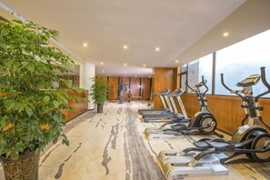 A gym with stationary bikes, a treadmill, and a potted plant. - Thinking Land Lingyan Forest Hotel (Dujiangyan)