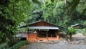 A wooden cabin with a corrugated metal roof, surrounded by dense tropical foliage. - Very Near Corcovado Park... Basic bungalows in the forest surrounded by wildlife (Golfito)
