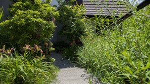 Ein schmaler Betonweg, gesäumt von üppiger Vegetation und blühenden Pflanzen, führt zu einem Gebäude mit dunklem Dach.
