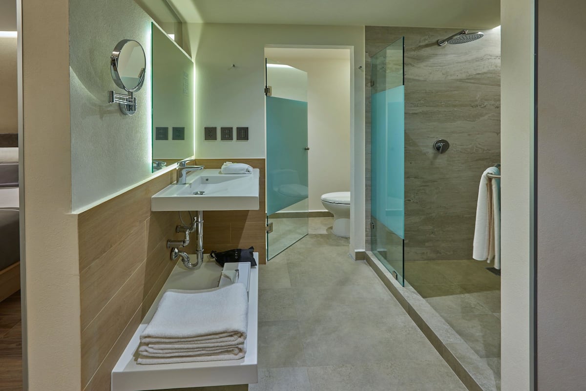 A modern bathroom with a sink, mirror, and glass-enclosed shower.