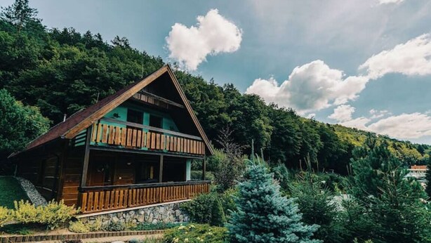 A wooden cabin with a balcony, surrounded by lush greenery and a mountainous backdrop.