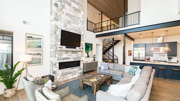 Smart TV, fireplace, video games, foosball