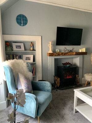 Een woonkamer met een blauwe fauteuil, een open haard, een boekenkast en een wandtelevisie.