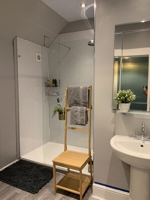 Shower, hair dryer, towels, soap