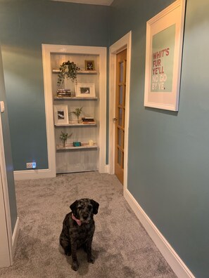 Een gang met een hond die op het tapijt zit, een deur en een muur met een ingelijst citaat.