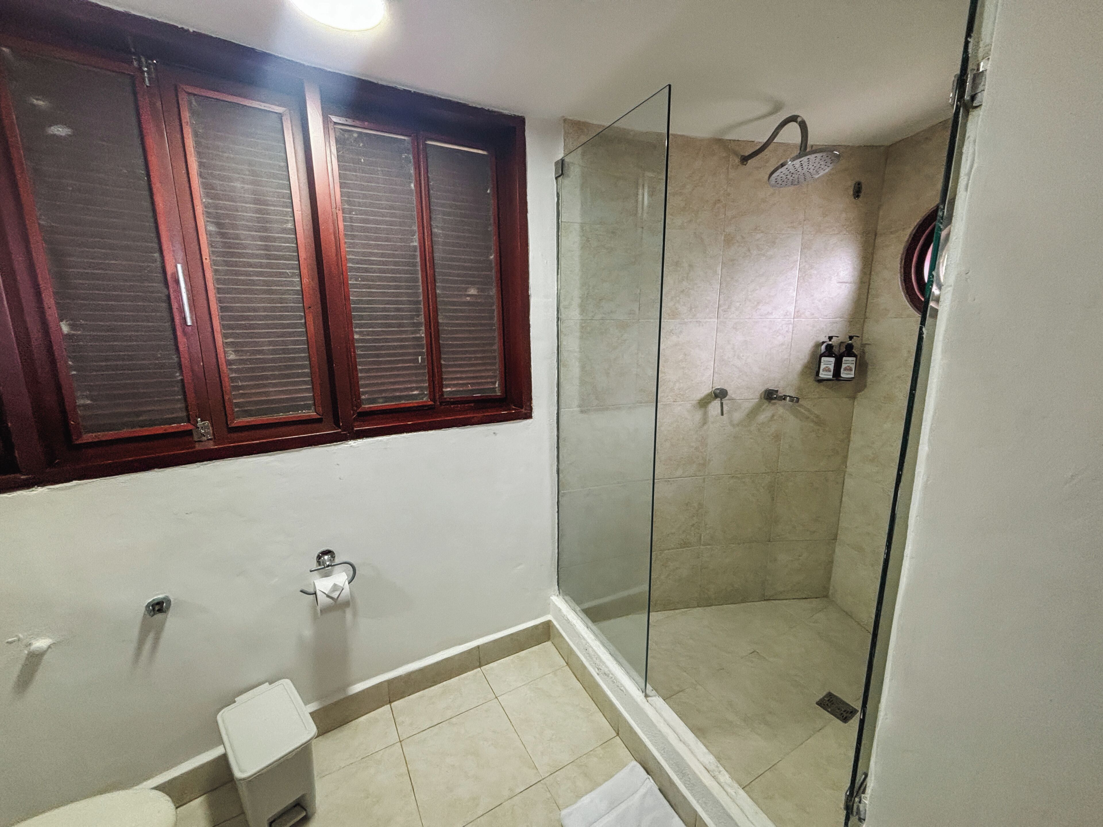 A bathroom with a glass shower enclosure, a toilet, and a window with wooden shutters.