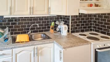 Fridge, oven, stovetop, coffee/tea maker