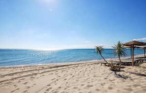 Une plage avec une eau d’un bleu limpide, un rivage sablonneux et des palmiers.