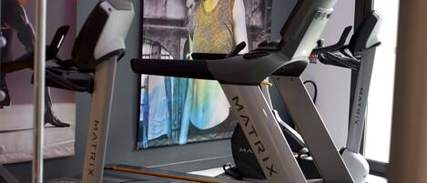A gym with treadmills labeled 'Matrix' and a large poster of a woman in a yellow dress.