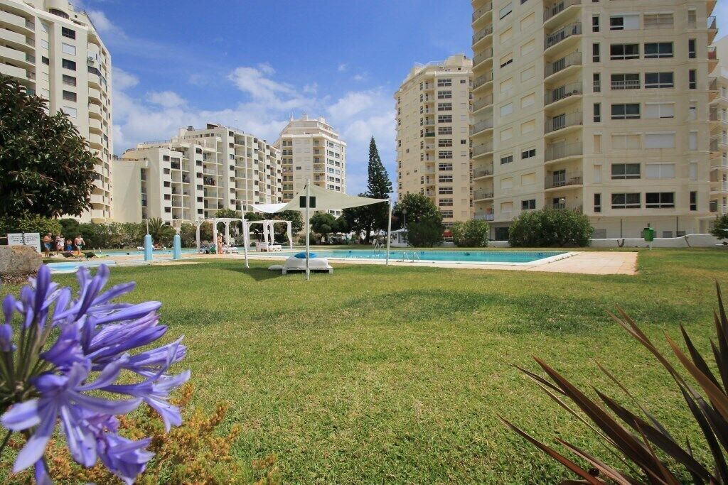 A residential area with high-rise buildings, a swimming pool, and a grassy lawn.
