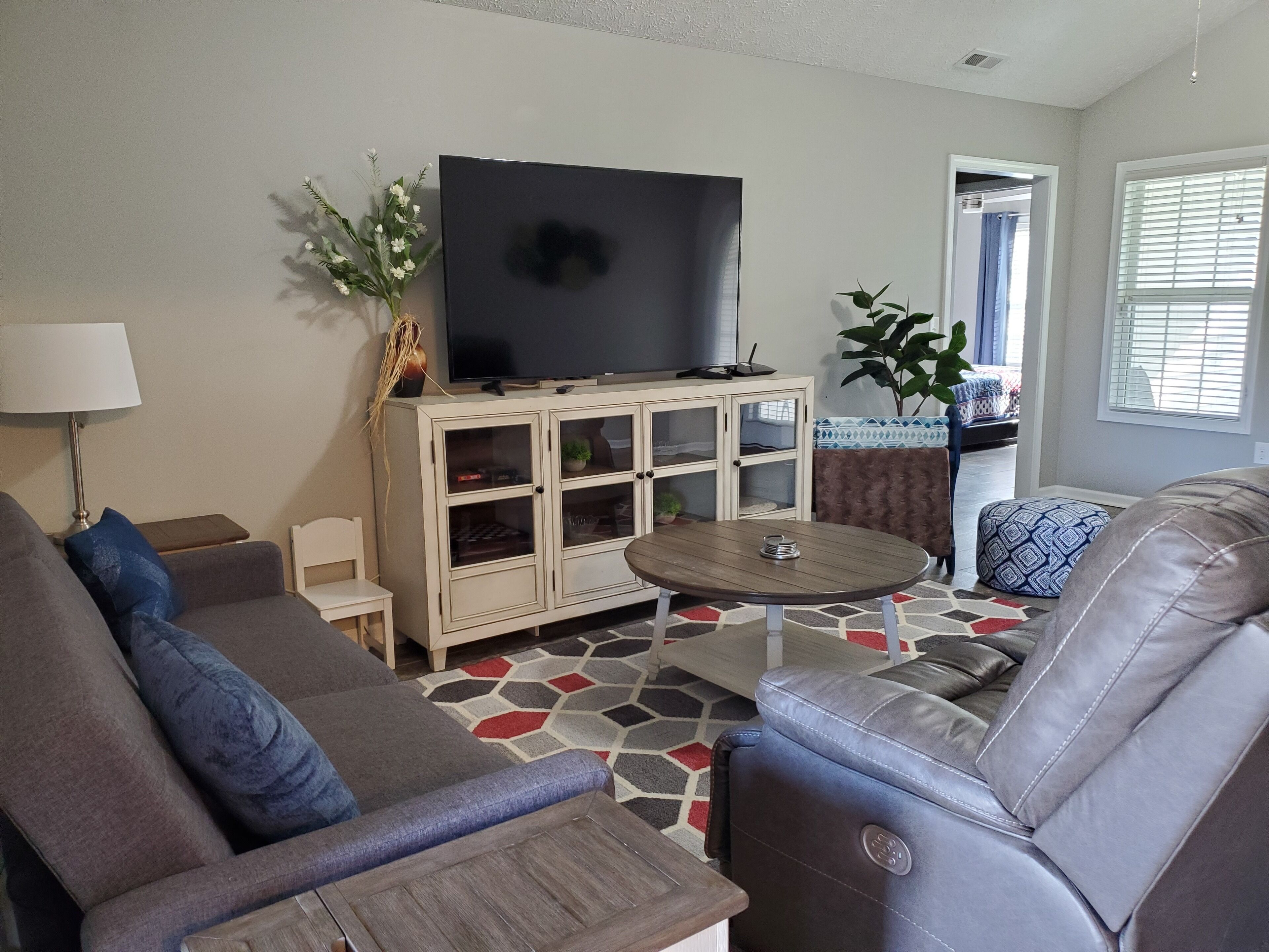 Smart TV, fireplace, books