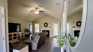 Smart TV, fireplace, books