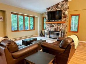 Smart TV, fireplace, foosball