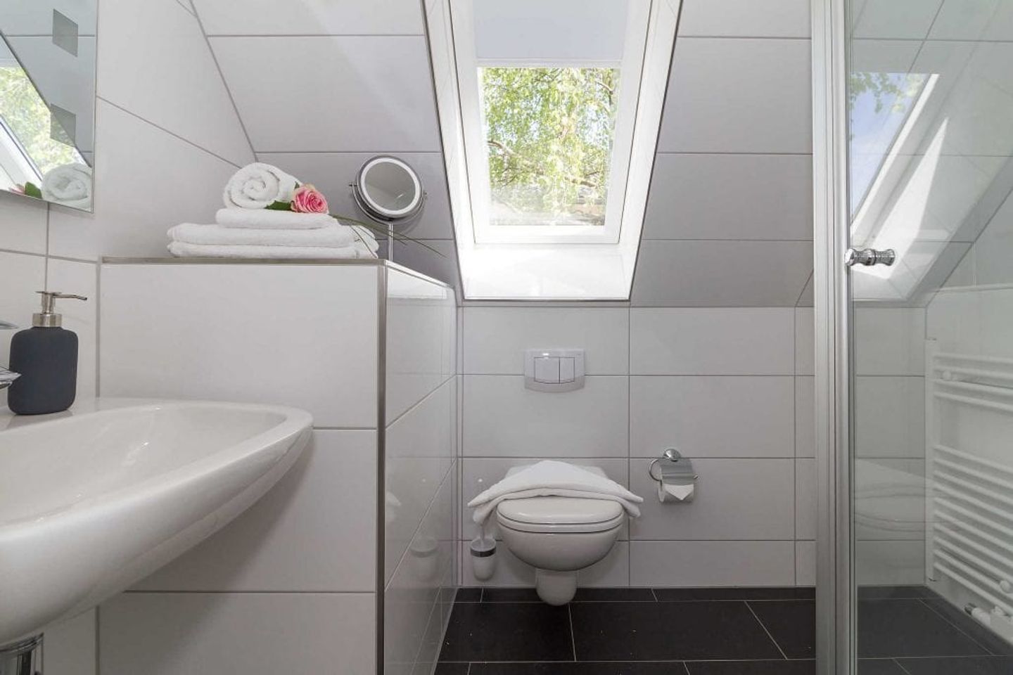 Dusche, Haartrockner, Handtücher, Seife