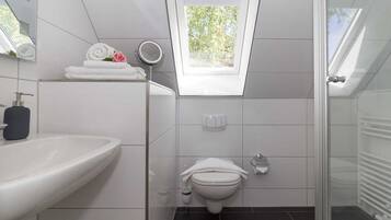 Dusche, Haartrockner, Handtücher, Seife