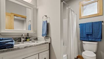 Combined shower/bathtub, hair dryer, towels, soap