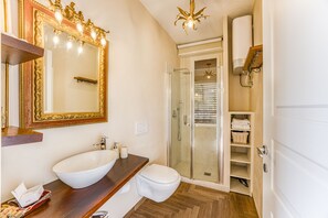 Shower, hair dryer, bidet, towels