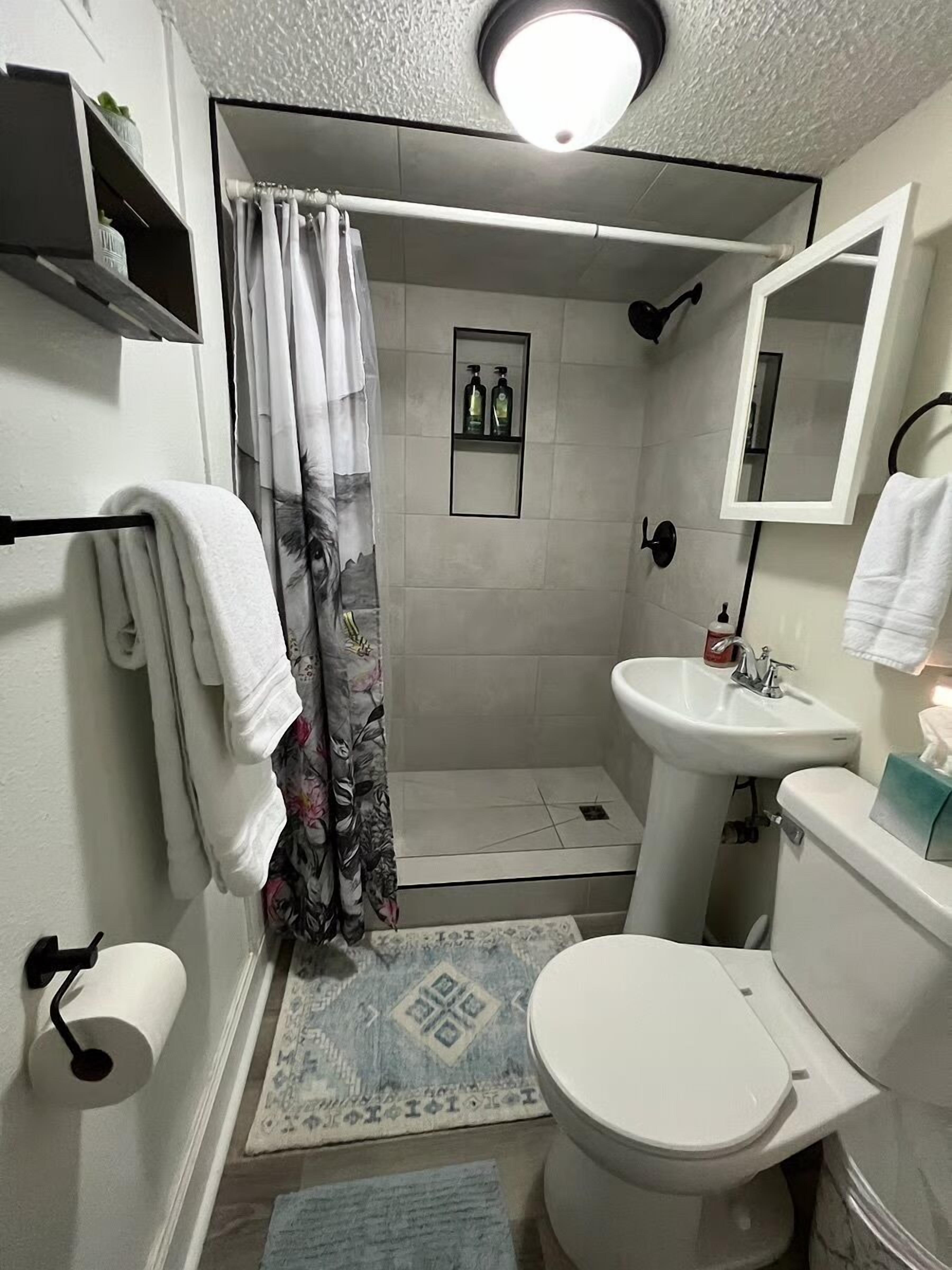 Bathtub, hair dryer, towels, soap