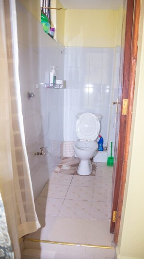 A bathroom with a toilet, a shower, and a tiled floor.