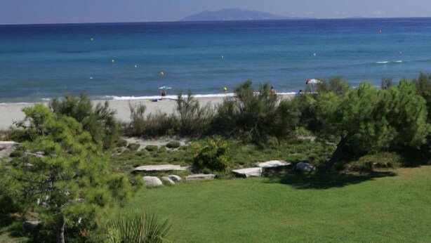 Una platja amb aigua turquesa cristal·lina, una muntanya a la distància i vegetació al primer pla.