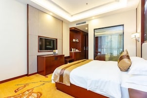 Una habitación de hotel con cama, televisor, escritorio y armario.