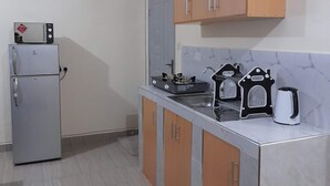 Una cucina compatta con frigorifero, forno a microonde, fornelli e lavello.
