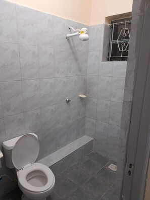 Duschwanne, Handtücher, Seife, Toilettenpapier