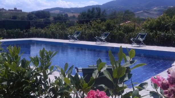 A swimming pool with lounge chairs, surrounded by greenery and hills in the background.