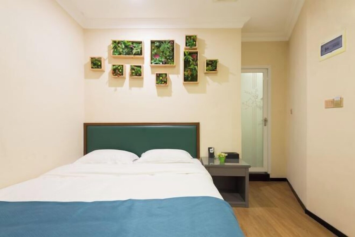 Habitación de hotel con cama, mesita de noche, espejo y varias pequeñas plantas decorando la pared.