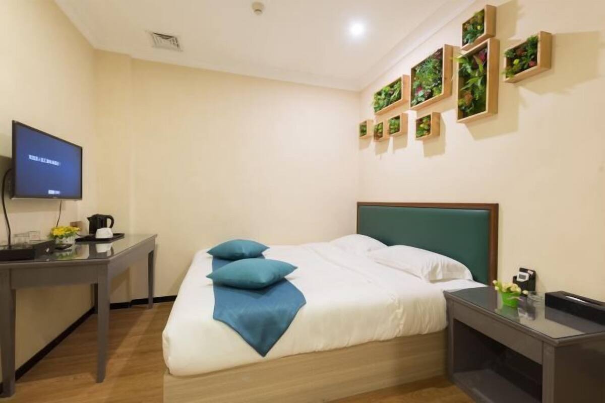 A hotel room with a bed, a desk, a television, and wall-mounted planters.