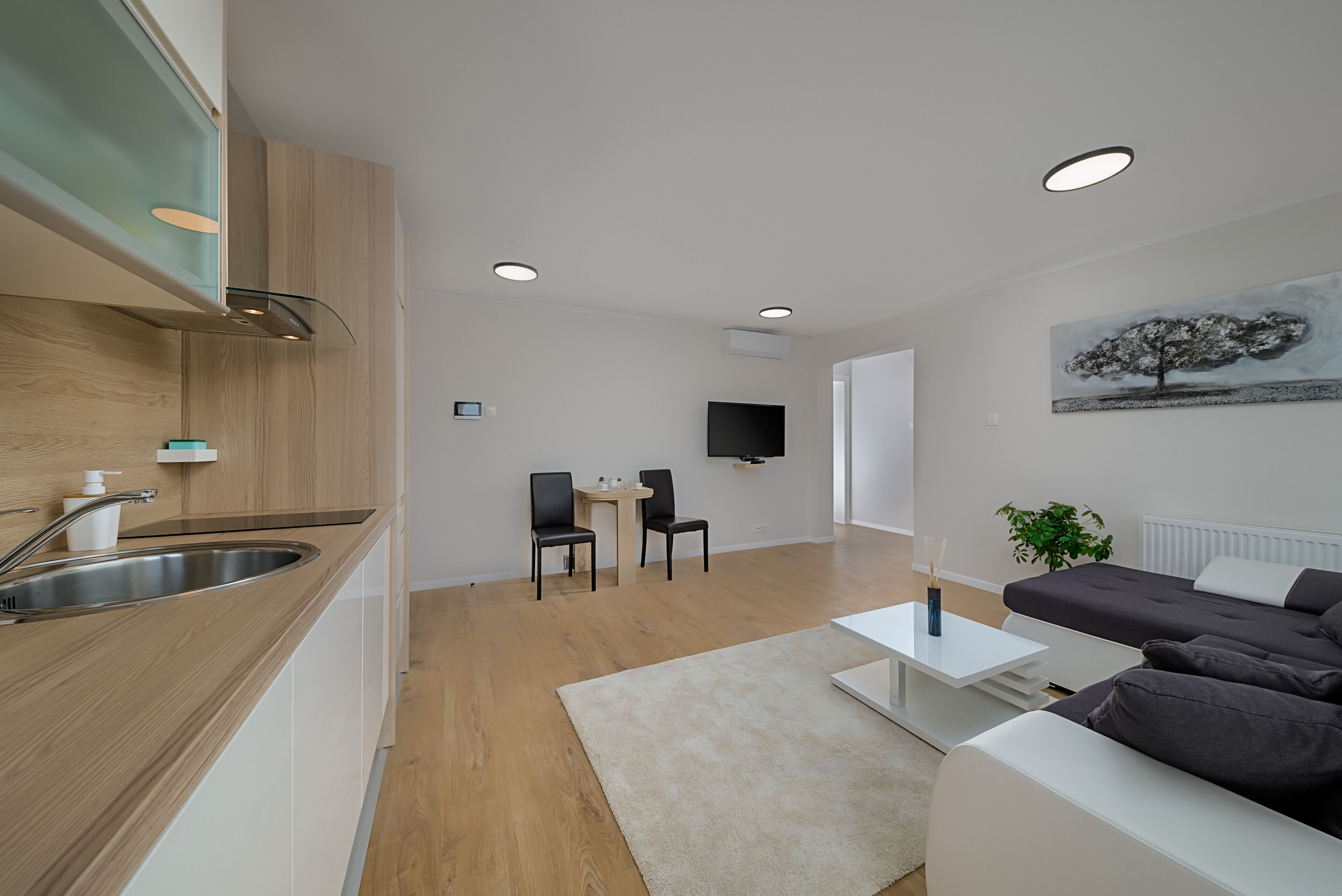 A modern living room with a sofa, a coffee table, and a TV. There is a dining area with chairs and a table, and a kitchen with a sink and cabinets.