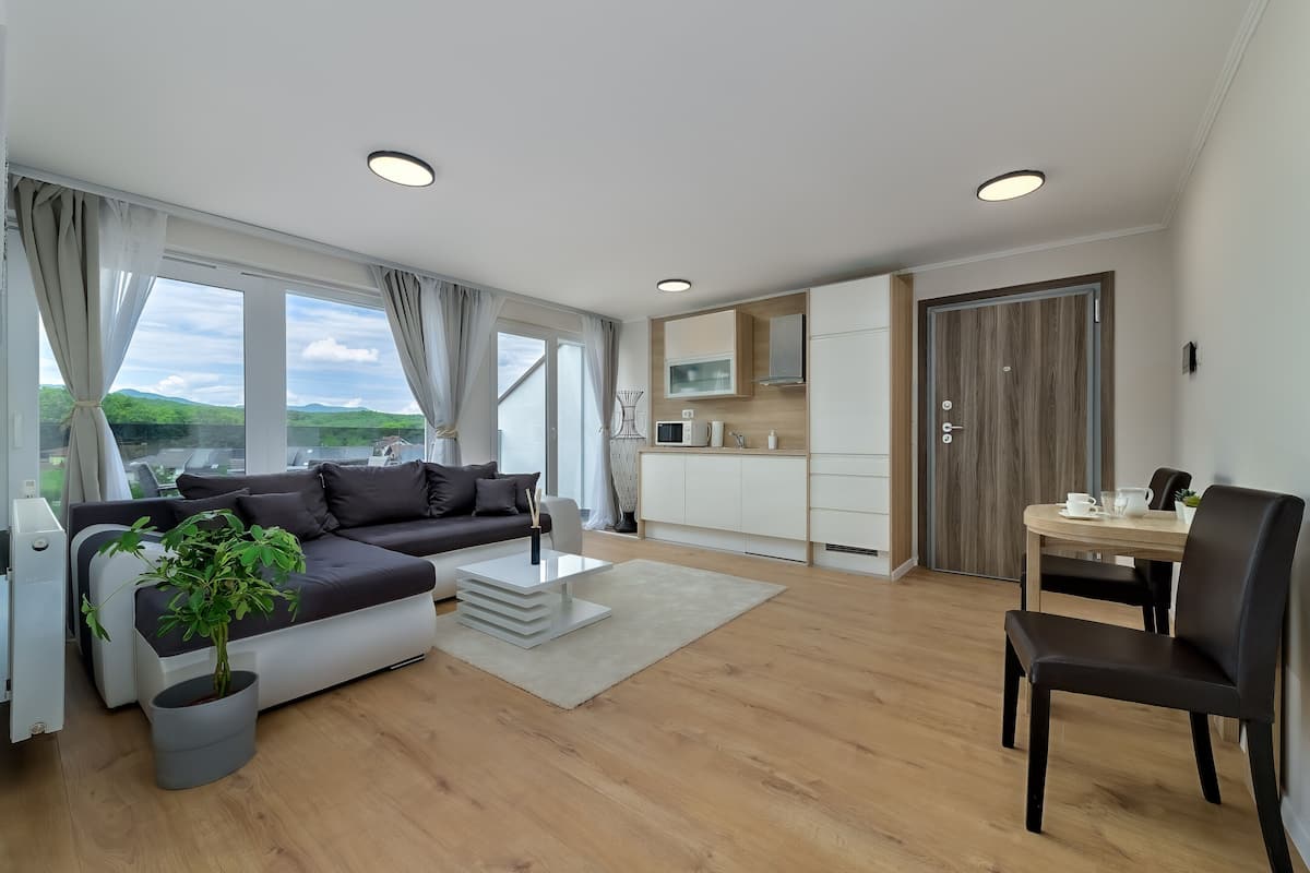 A modern living room with a sofa, coffee table, and a potted plant. There is a dining area with a table and chairs. The room has large windows and a view of the outdoors.