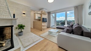 Una sala de estar moderna con chimenea, un sofá, una mesita de centro y un televisor.