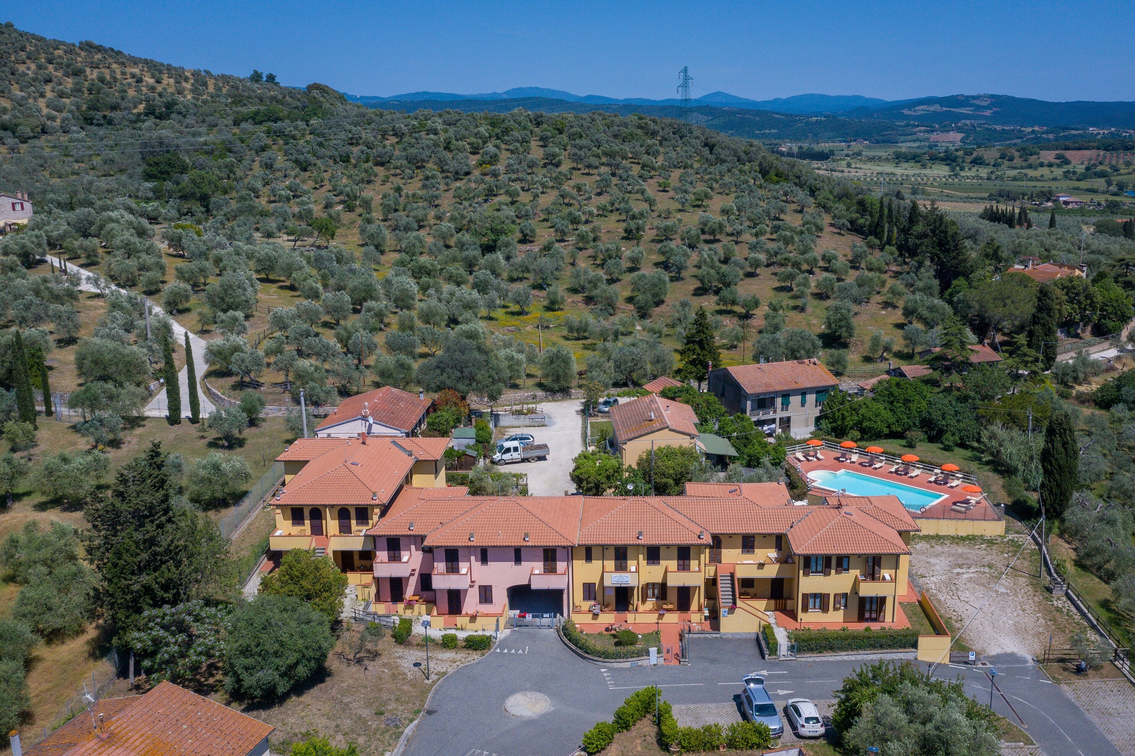 Vista aérea de una zona residencial con piscina, varios edificios y olivares circundantes.