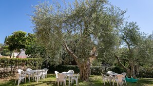 A patio with white plastic chairs and a table, surrounded by olive trees and a hedge. - Apartment 'Bilocale Ansonica' with Balcony, Shared Pool & Wi-Fi (Suvereto)